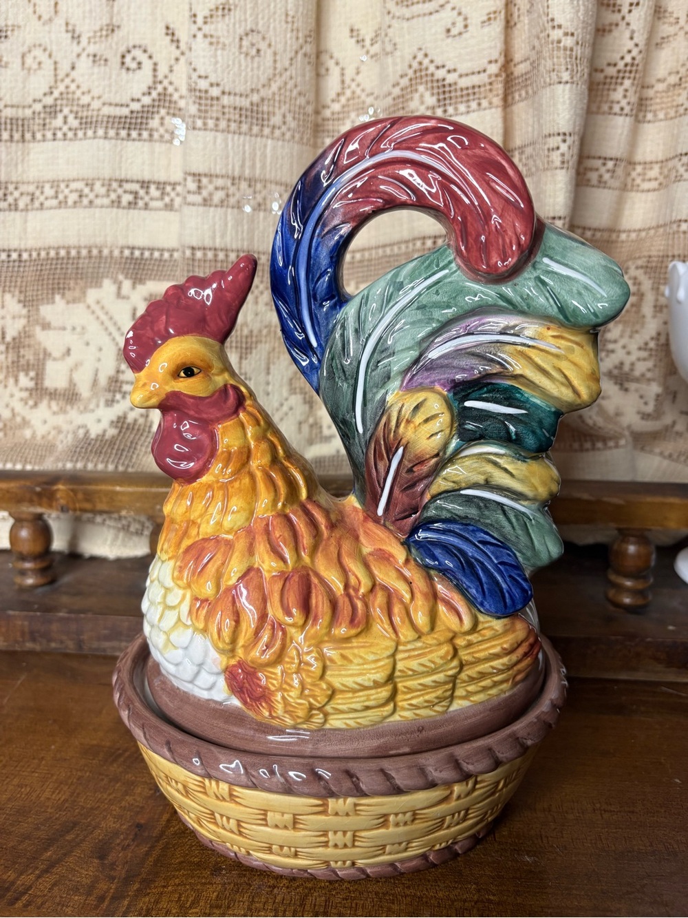 Colorful Ceramic Rooster Covered Baker - Multicolor